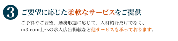 ご要望に応じた柔軟なサービスをご提供　ご予算やご要望、勤務形態に応じて、人材紹介だけでなく、m3.com上への求人広告掲載など他サービスも承っております。
